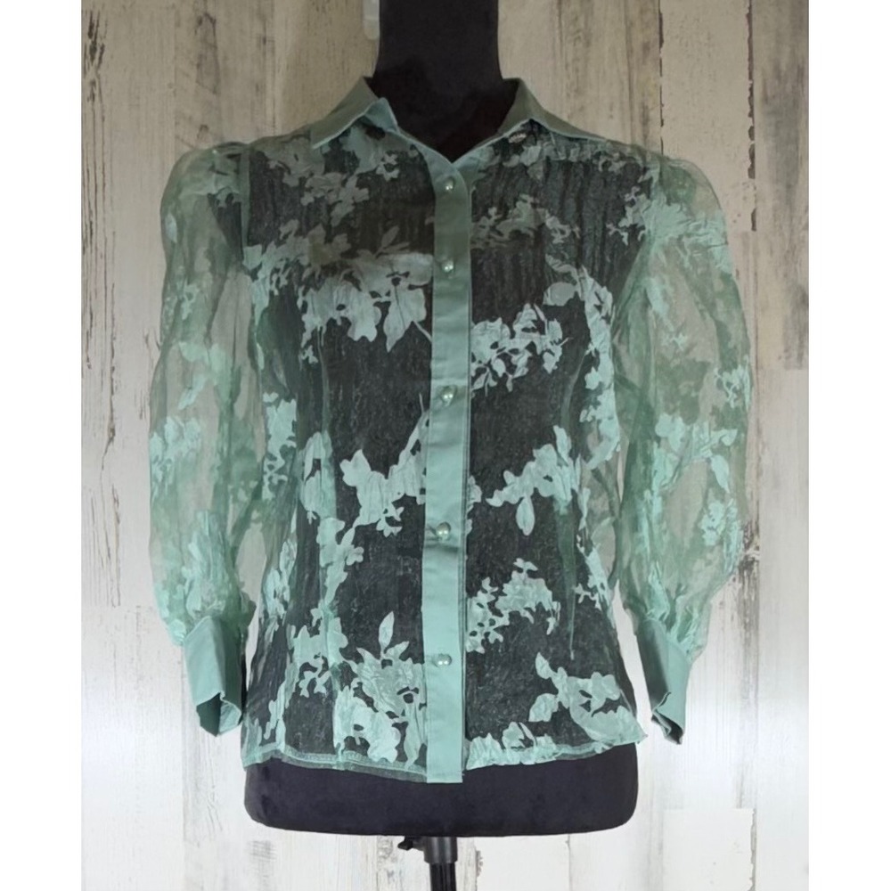 Haute Monde Top Medium Green Sheer Organza Floral Puff Sleeve Ethereal Fairycore